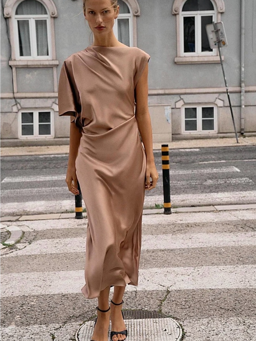 Zara Satin One-Shoulder Maxi Dress in Dusky Rose
